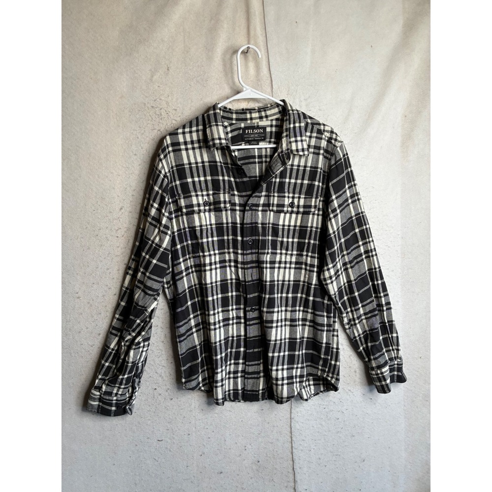 Filson Mens Plaid Flannel Button Down Shirt Black White Long Sleeve Medium